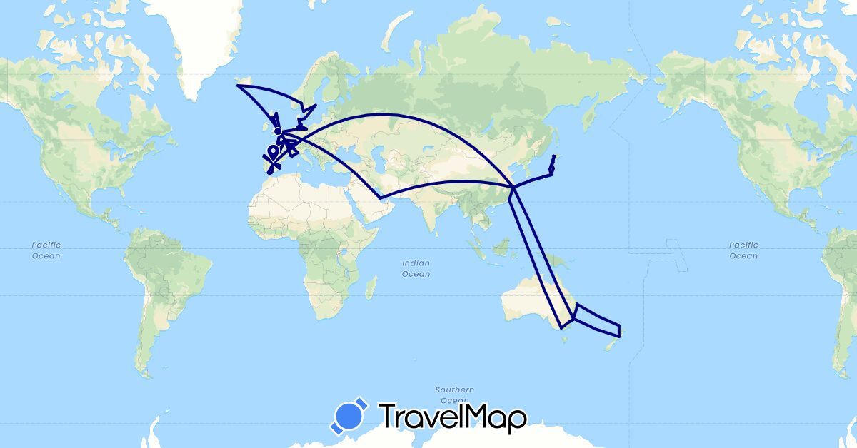 TravelMap itinerary: driving in Australia, Switzerland, China, Germany, Denmark, Spain, France, United Kingdom, Gibraltar, Iceland, Italy, Japan, Monaco, Norway, New Zealand, Qatar, Sweden (Asia, Europe, Oceania)
